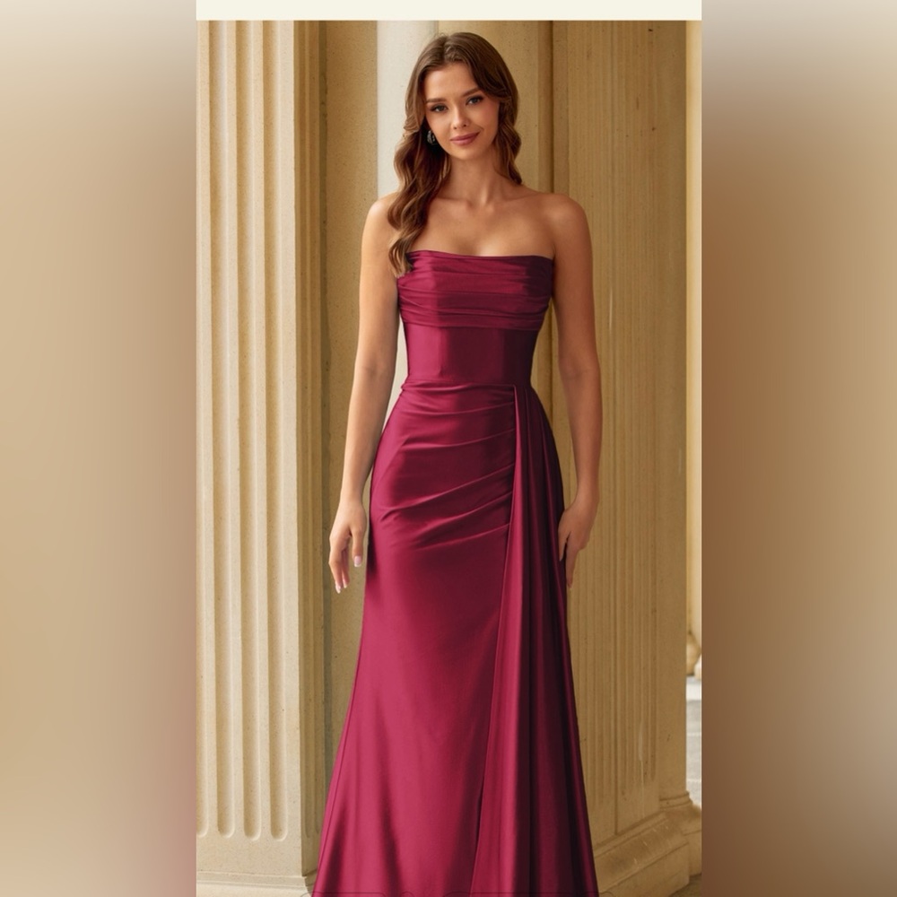 Stacees Fitted Strapless Ruched Corset Dress with Side Drape Slit